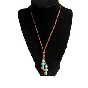 Robert Lee Morris Brown Leather Necklace with Turquoise and Silver Beads